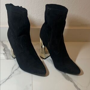 Black Suede Ankle Boots with Gold Block Heel